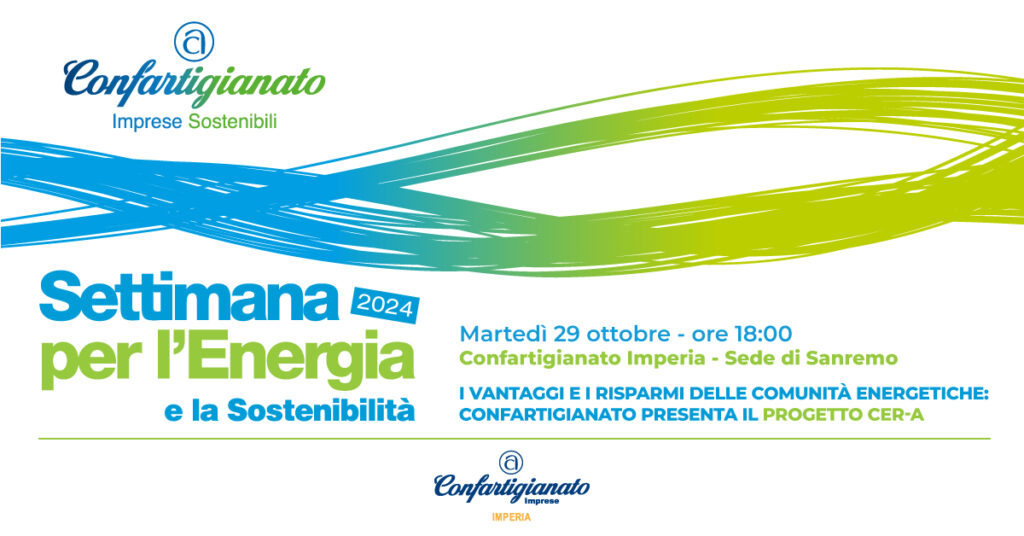 “I vantaggi e i risparmi delle comunità energetiche”: martedì 29 ottobre Confartigianato Imperia presenta il progetto CER-A